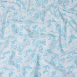 Off white cotton voile fabric with baby blue print in floral design-D15161