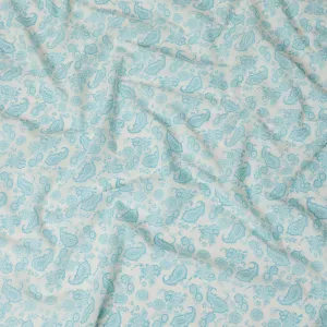 Off white cotton voile fabric with baby blue print in paisley design-D16417