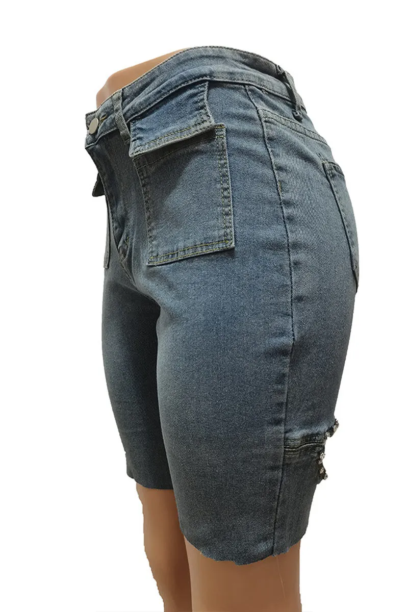 PD471 Rhinestones Denim Bermuda Shorts