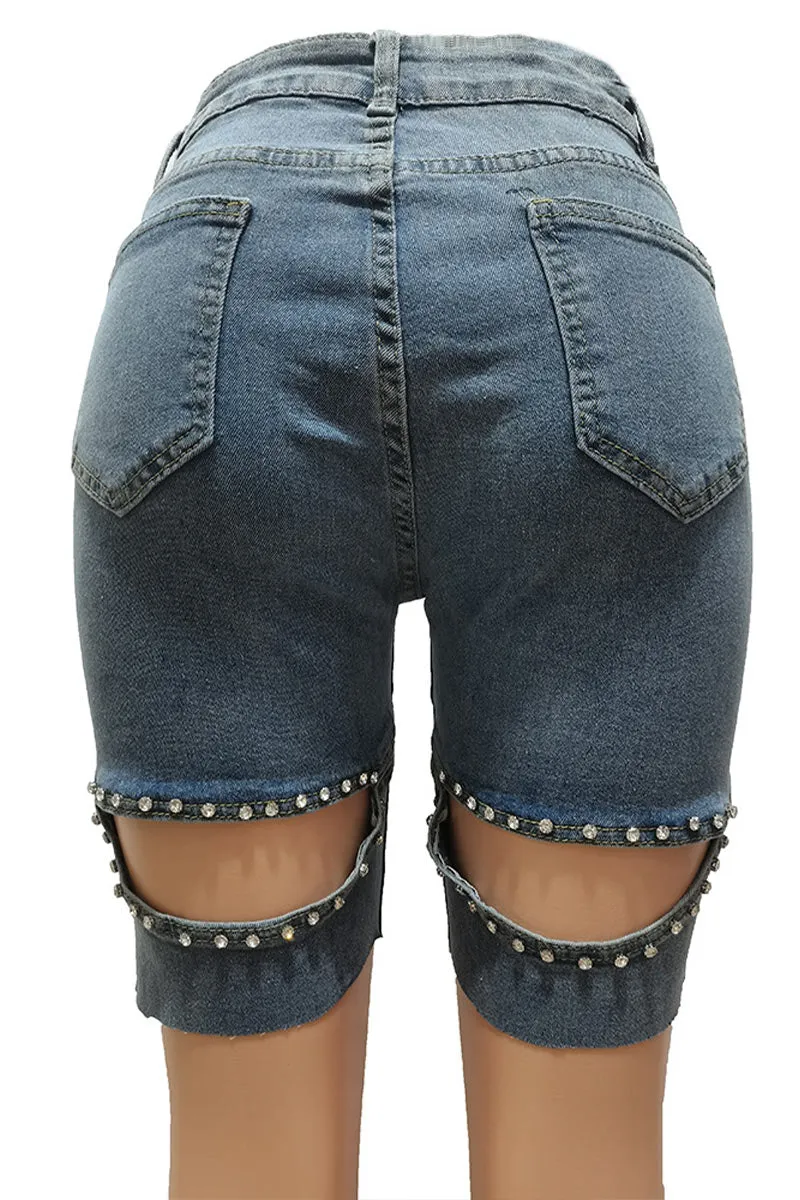 PD471 Rhinestones Denim Bermuda Shorts