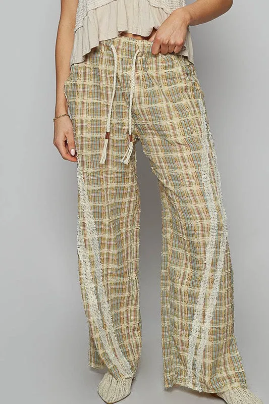 POL Lace Trim Drawstring Checkered Wide Leg Pants in Sage