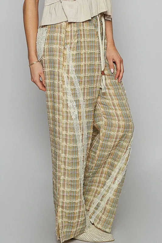 POL Lace Trim Drawstring Checkered Wide Leg Pants in Sage