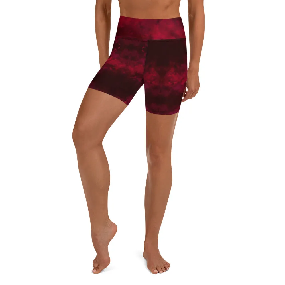 Red Abstract Women's Yoga Shorts, Designer Wine Red Gym Short Tights-Made in USA/EU/MX
