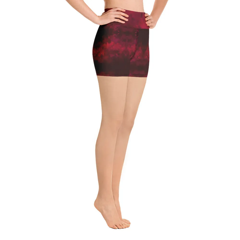 Red Abstract Women's Yoga Shorts, Designer Wine Red Gym Short Tights-Made in USA/EU/MX