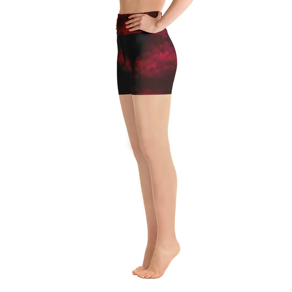 Red Abstract Women's Yoga Shorts, Designer Wine Red Gym Short Tights-Made in USA/EU/MX