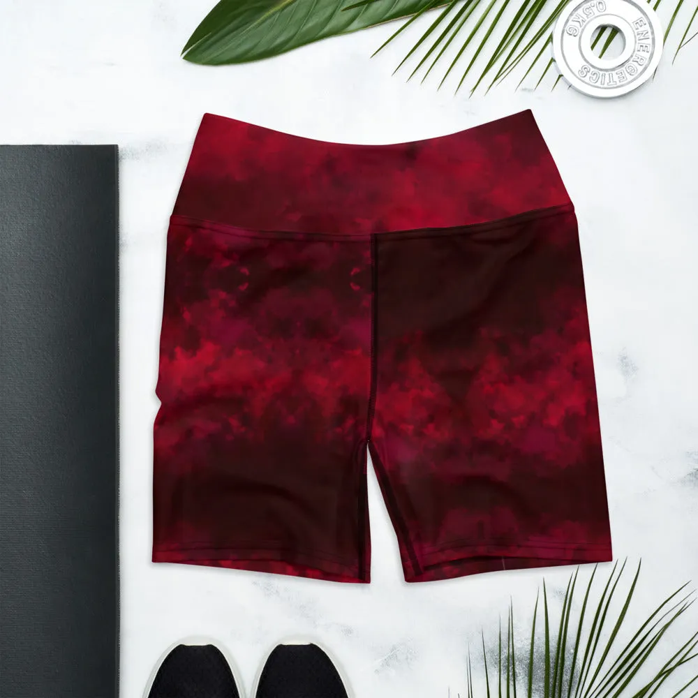 Red Abstract Women's Yoga Shorts, Designer Wine Red Gym Short Tights-Made in USA/EU/MX