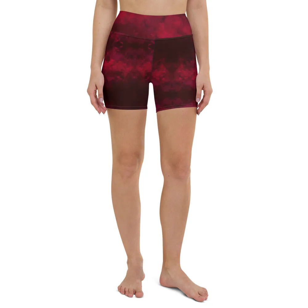 Red Abstract Women's Yoga Shorts, Designer Wine Red Gym Short Tights-Made in USA/EU/MX