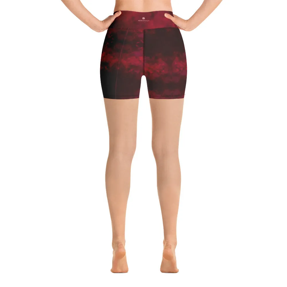 Red Abstract Women's Yoga Shorts, Designer Wine Red Gym Short Tights-Made in USA/EU/MX