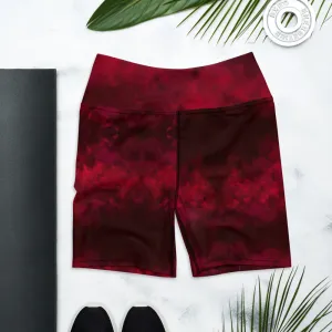Red Abstract Women's Yoga Shorts, Designer Wine Red Gym Short Tights-Made in USA/EU/MX