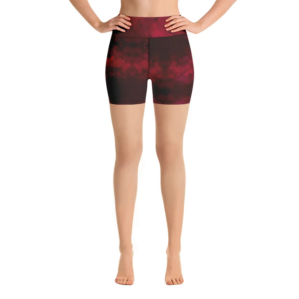 Red Abstract Women's Yoga Shorts, Designer Wine Red Gym Short Tights-Made in USA/EU/MX