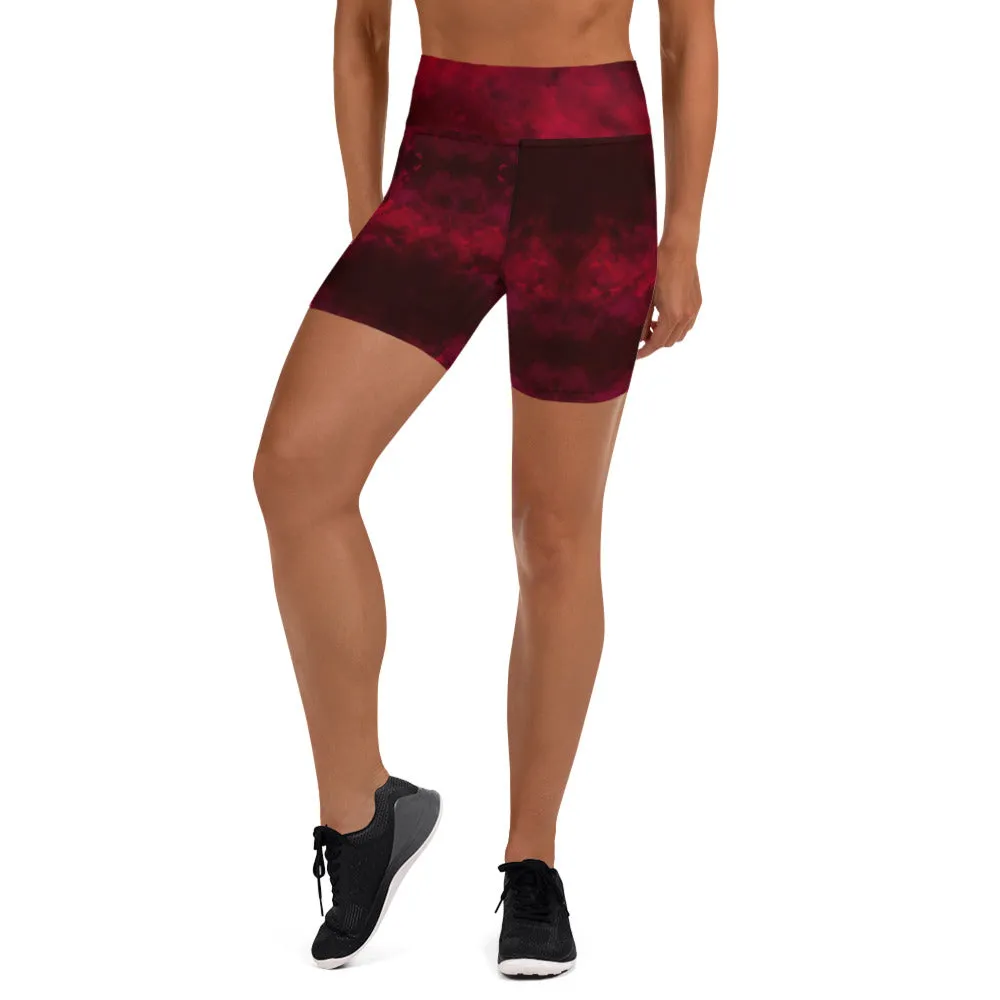 Red Abstract Women's Yoga Shorts, Designer Wine Red Gym Short Tights-Made in USA/EU/MX