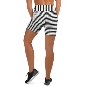 Stretchy Striped Women's Shorts, Black White Striped Print Women's Premium Yoga Tight Workout Shorts- Made in USA/EU