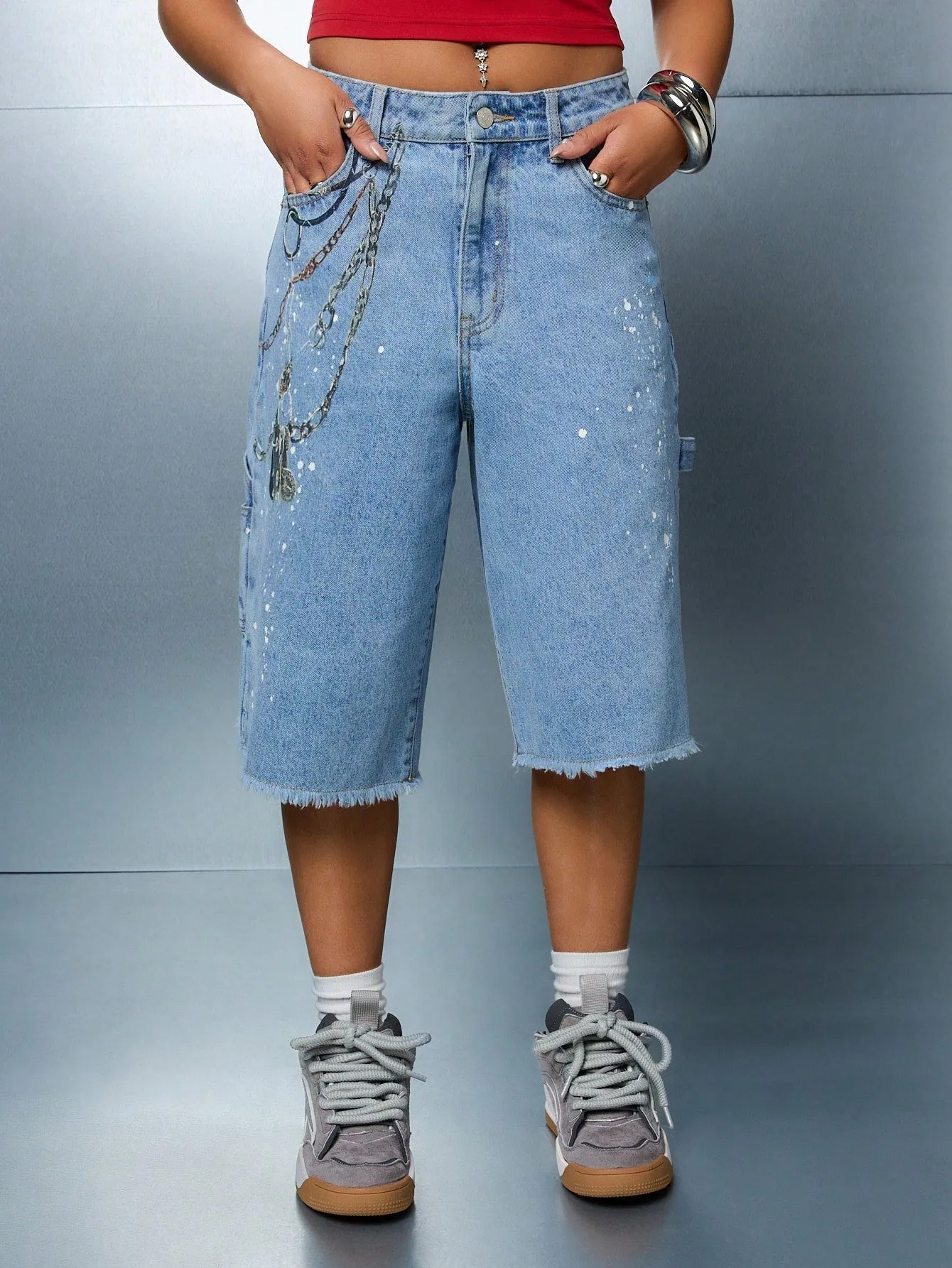 SUMWON WOMEN Wide Leg Chain Print Denim Jorts