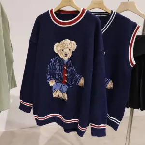 Teddy Bear Sweater Vest | Casual V Neck Sweater | Women Knitted Sweater | Korean Style Sweater | Girl Winter Sweater | Cartoon Vest Pullover