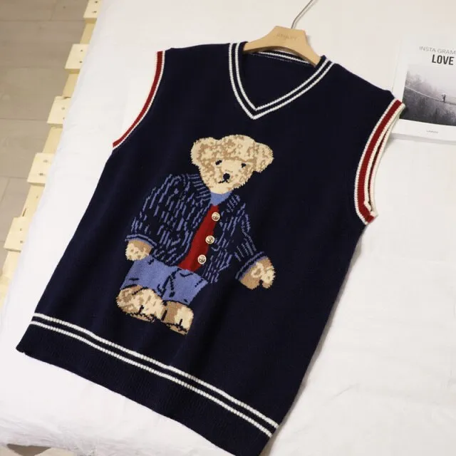 Teddy Bear Sweater Vest | Casual V Neck Sweater | Women Knitted Sweater | Korean Style Sweater | Girl Winter Sweater | Cartoon Vest Pullover