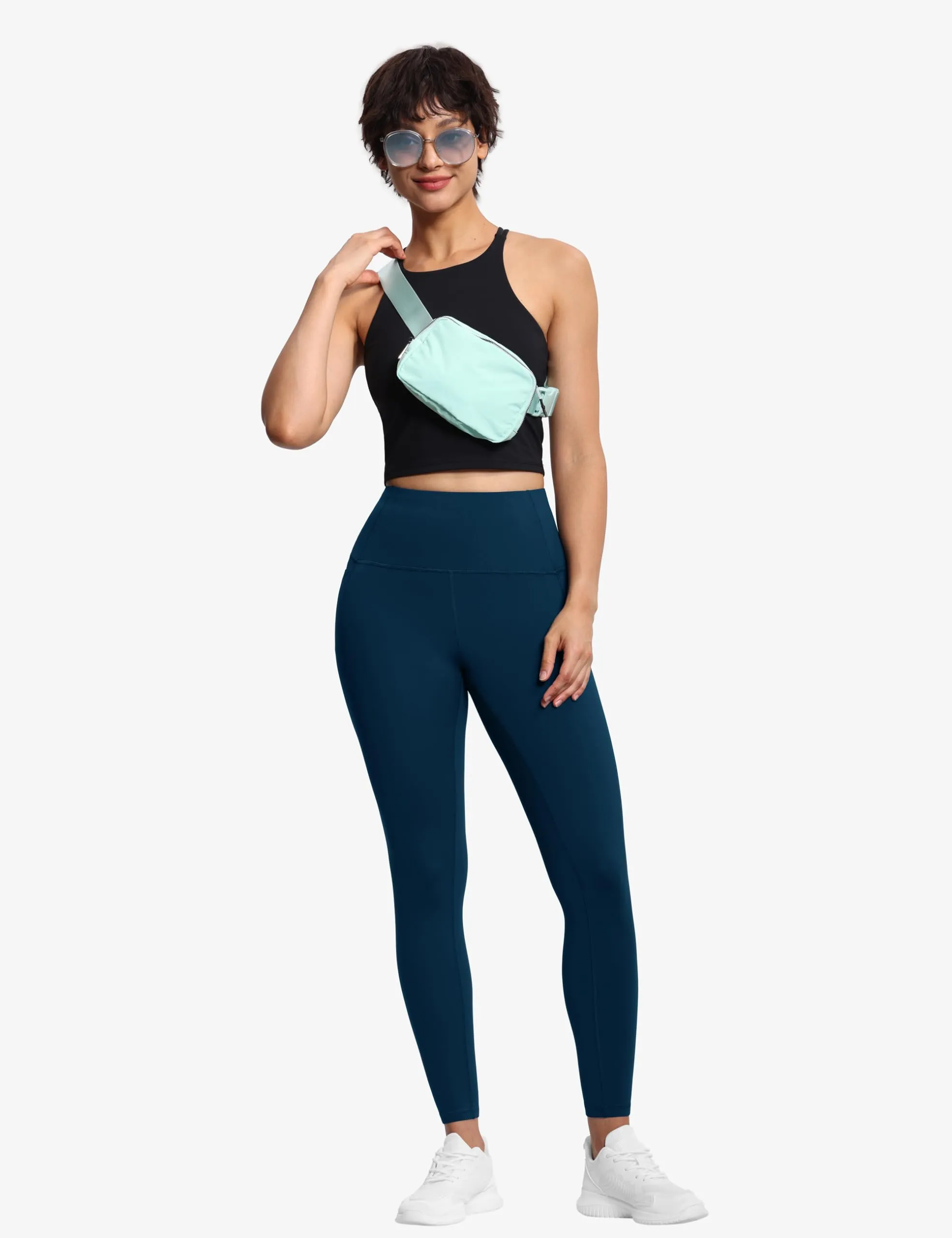 THE GYM PEOPLE Tummy Control Workout Leggings with Pockets High Waist Athletic Yoga Pants for Women Running, Fitness Dark Blue Green