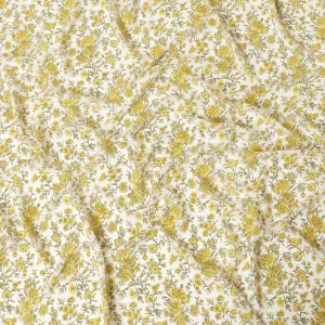 White silk crepe fabric with yellow and green prints in floral design - D9914