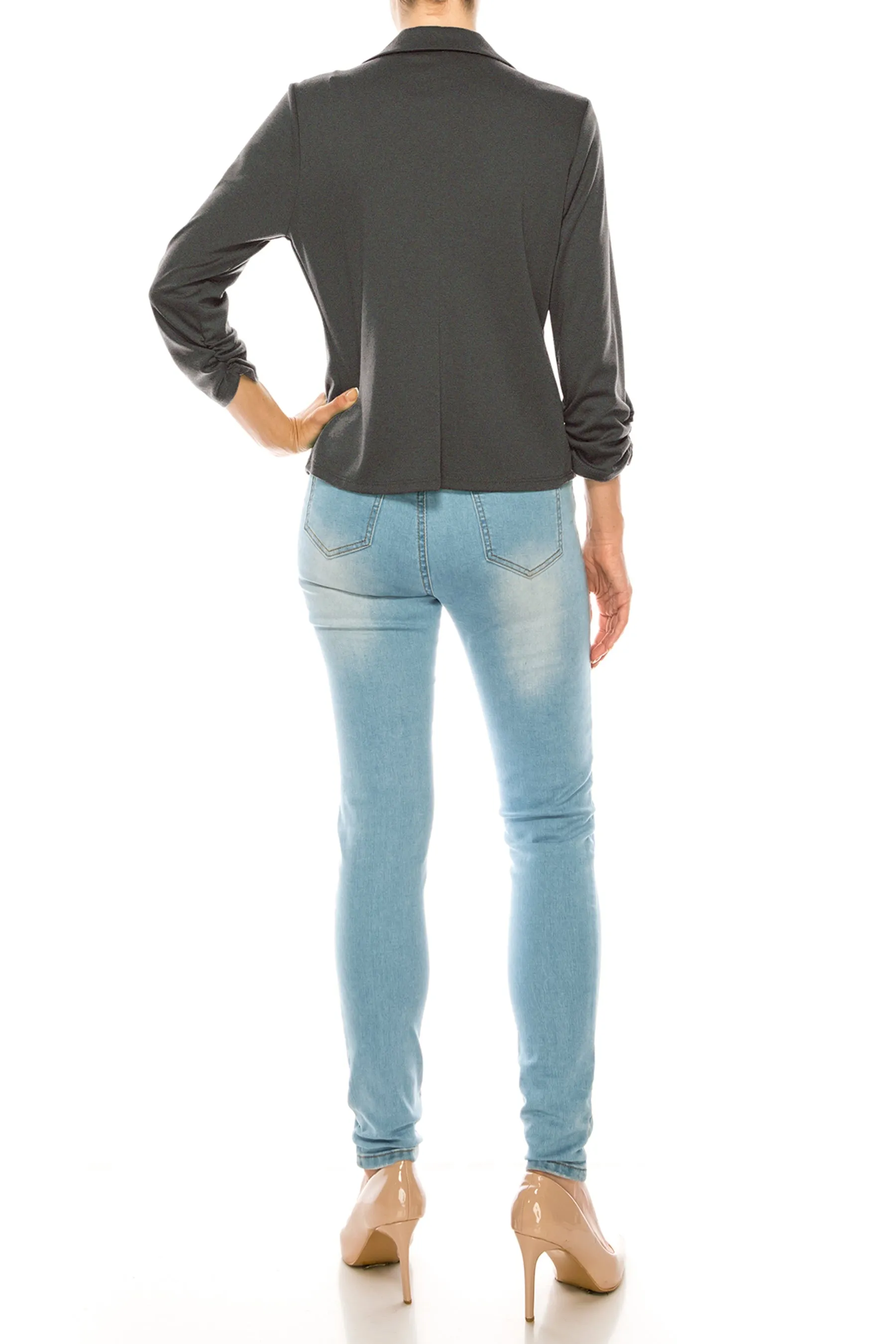 Women's Fitted Solid Blazer with Button Closure and Ruched Sleeves