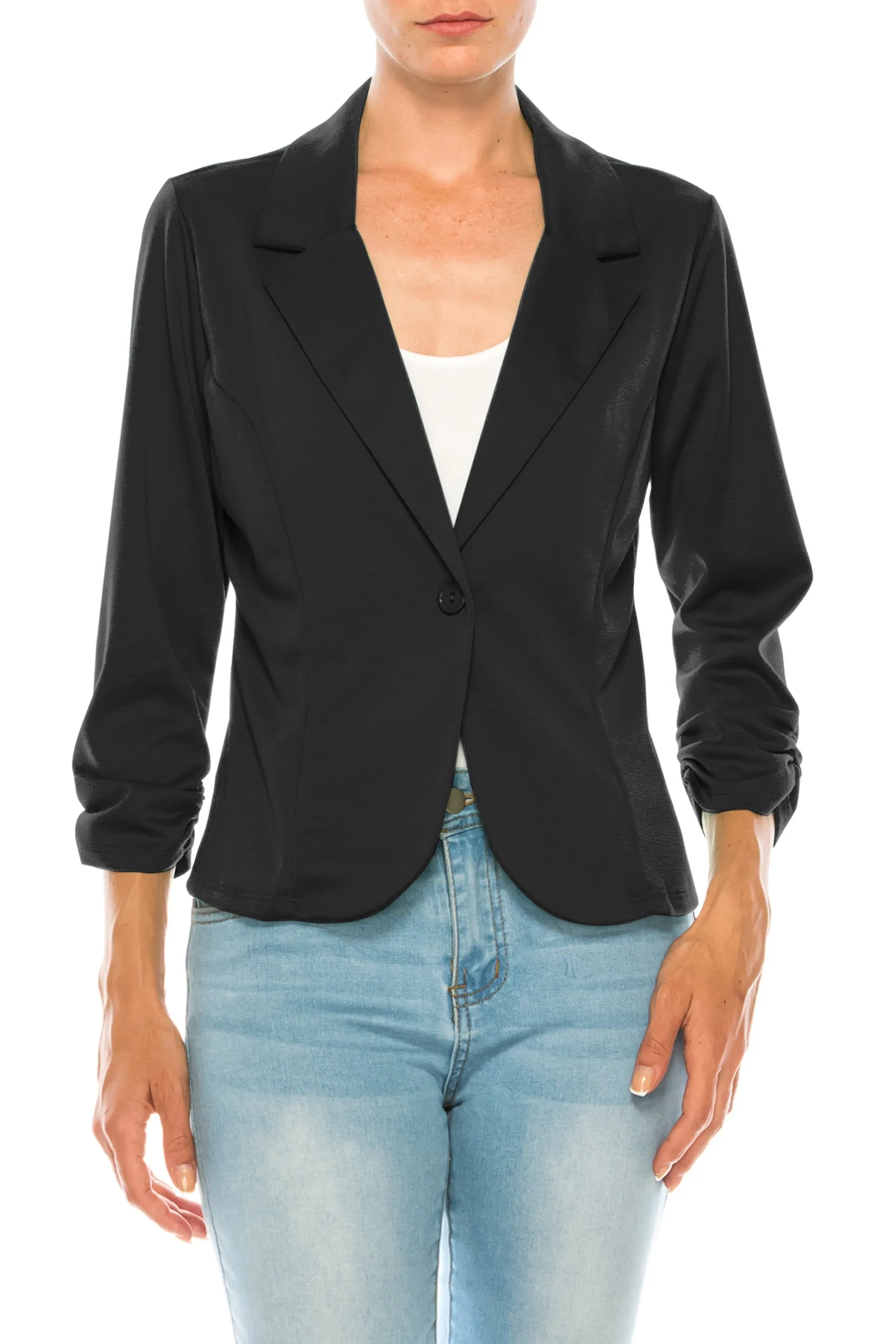 Women's Fitted Solid Blazer with Button Closure and Ruched Sleeves