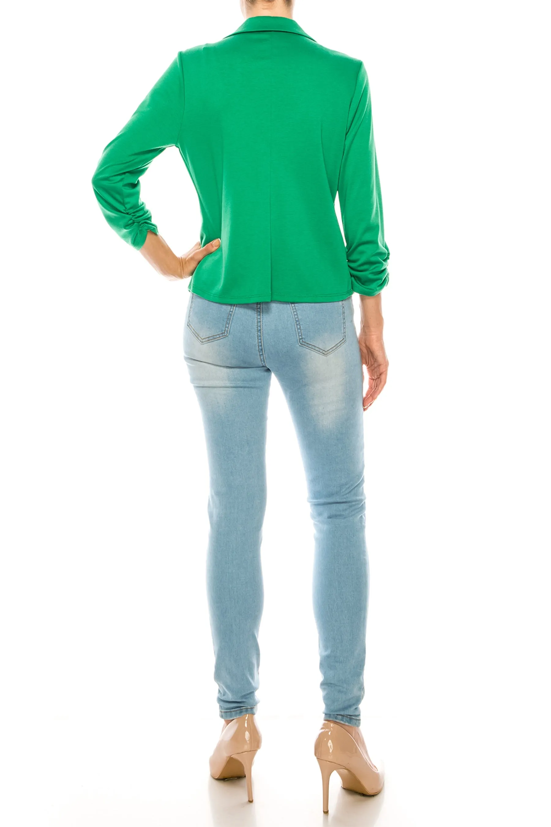 Women's Fitted Solid Blazer with Button Closure and Ruched Sleeves