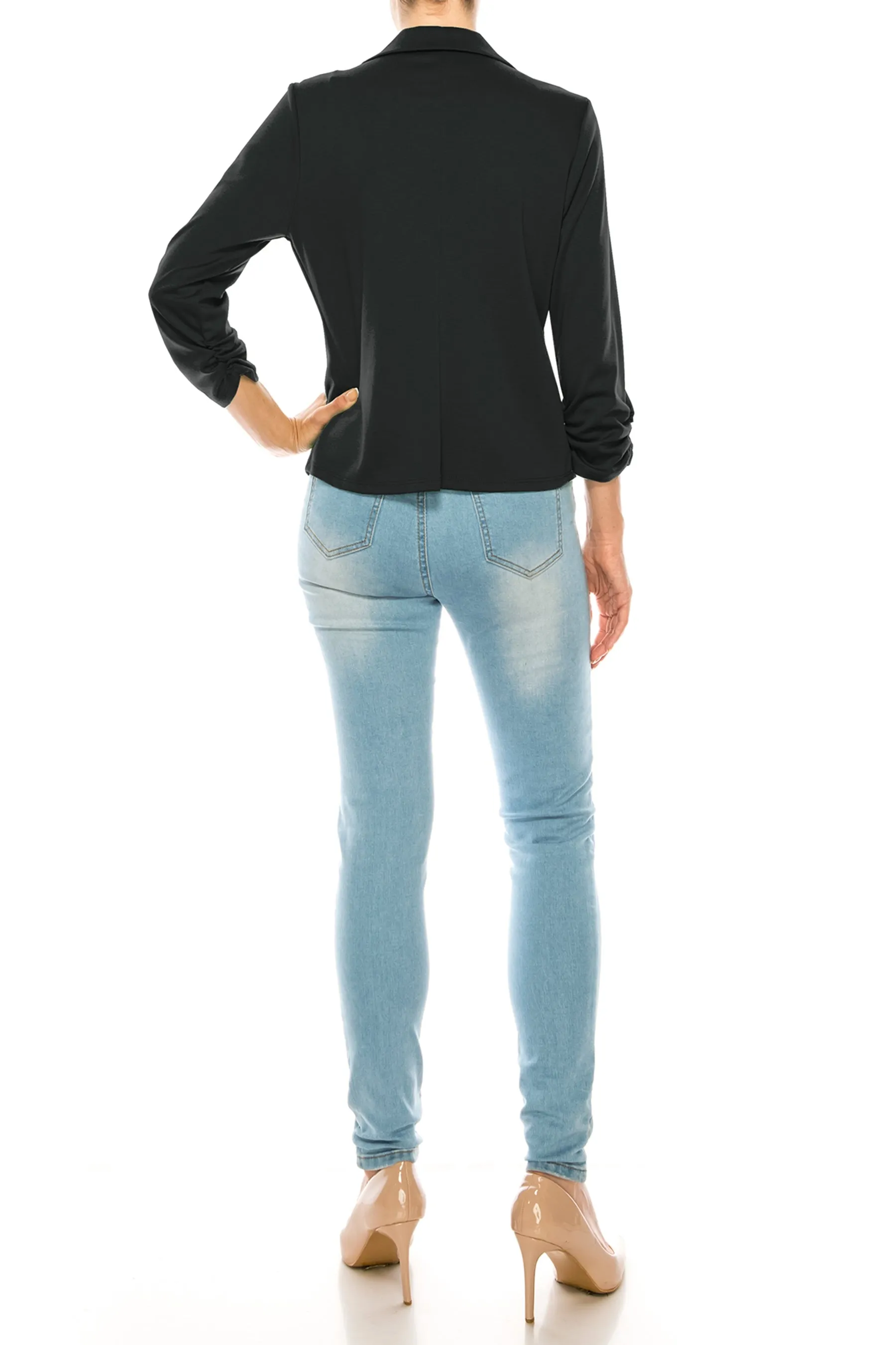 Women's Fitted Solid Blazer with Button Closure and Ruched Sleeves