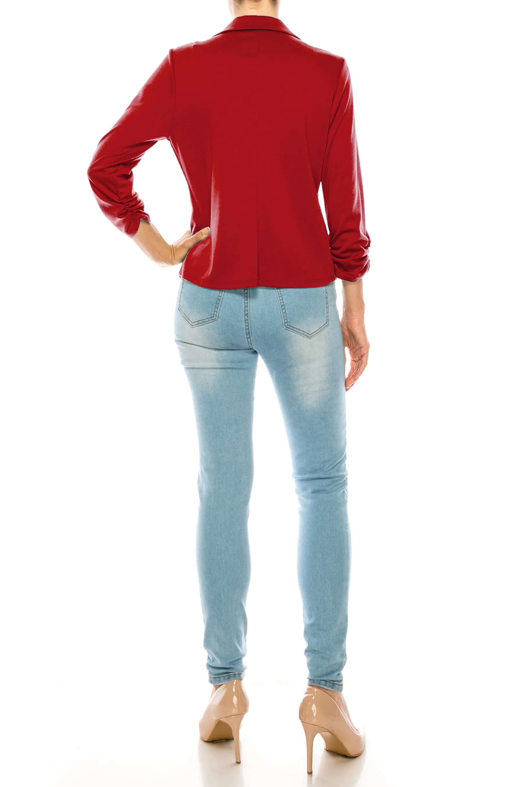 Women's Fitted Solid Blazer with Button Closure and Ruched Sleeves