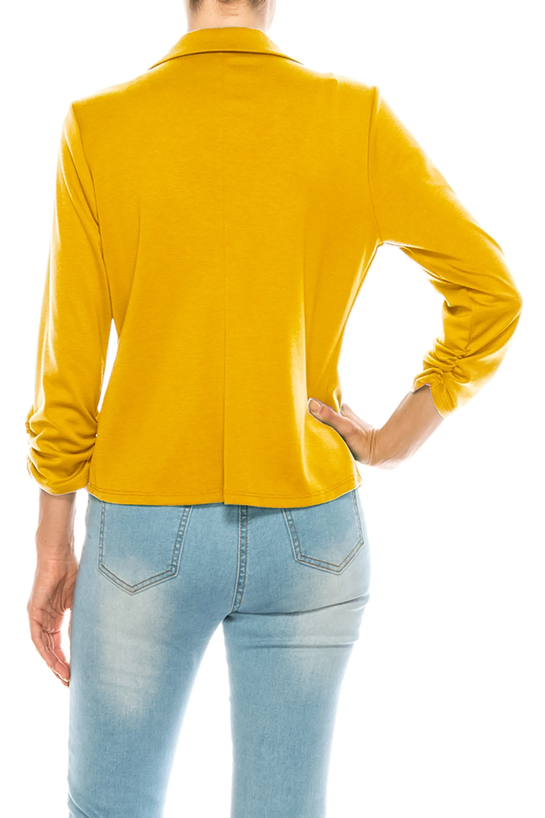 Women's Fitted Solid Blazer with Button Closure and Ruched Sleeves