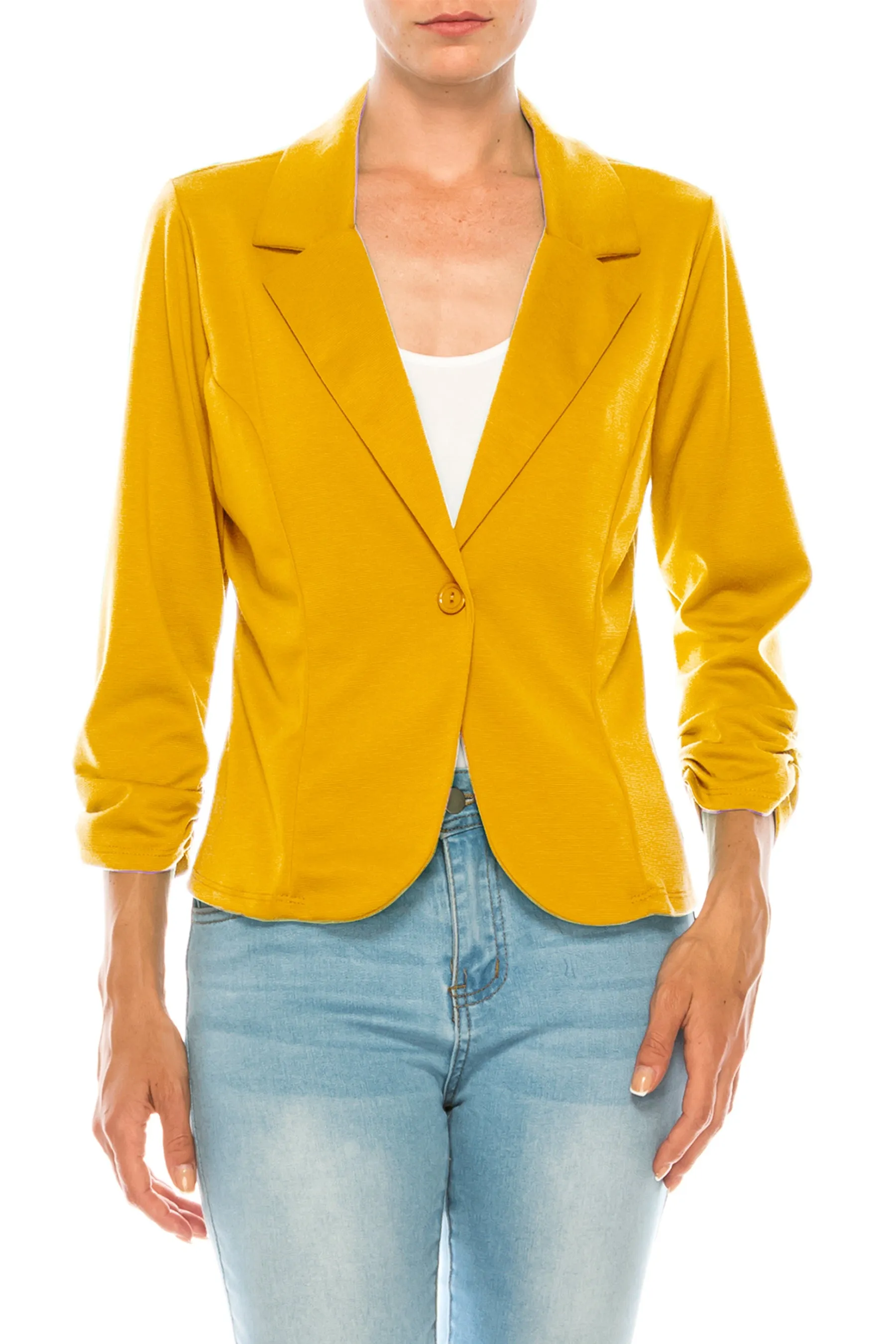 Women's Fitted Solid Blazer with Button Closure and Ruched Sleeves
