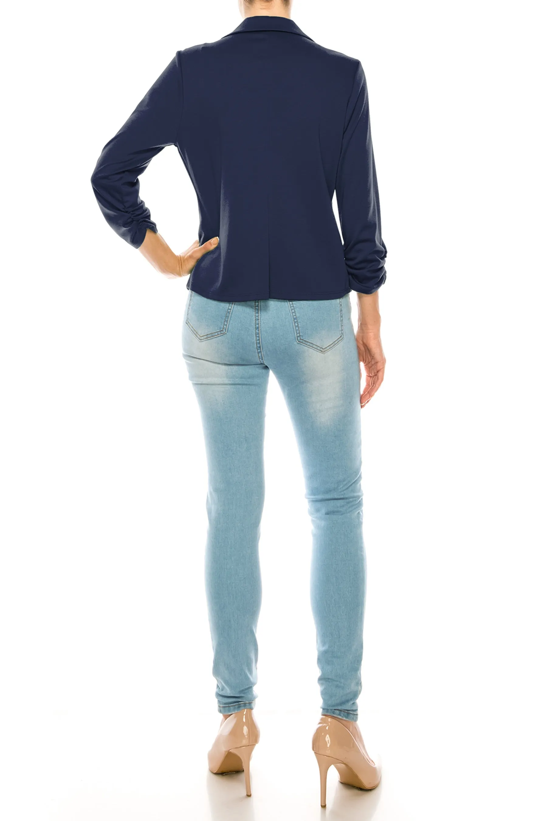 Women's Fitted Solid Blazer with Button Closure and Ruched Sleeves