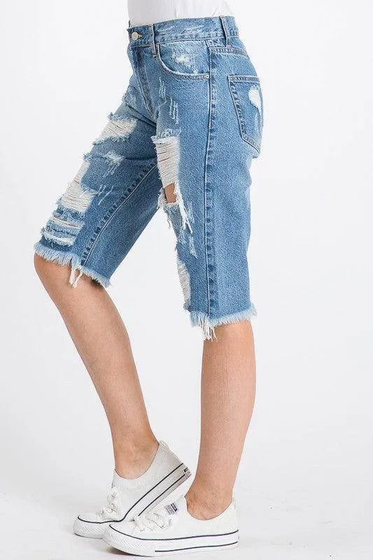 Womens Frayed Hem Bermuda Shorts